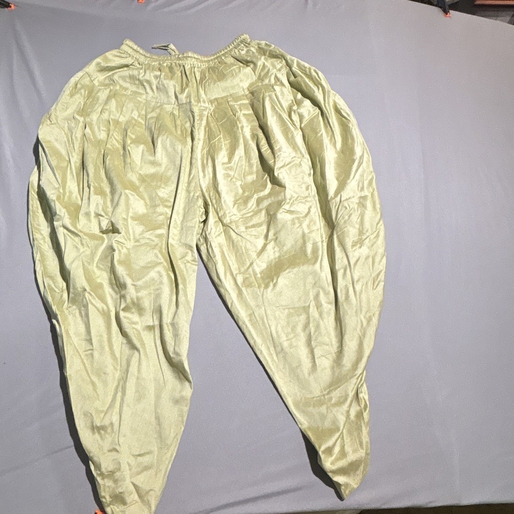 Pale Sage Green Satin Harem Pants Elastic Waist Drawstring Yoga Lounge Trousers
